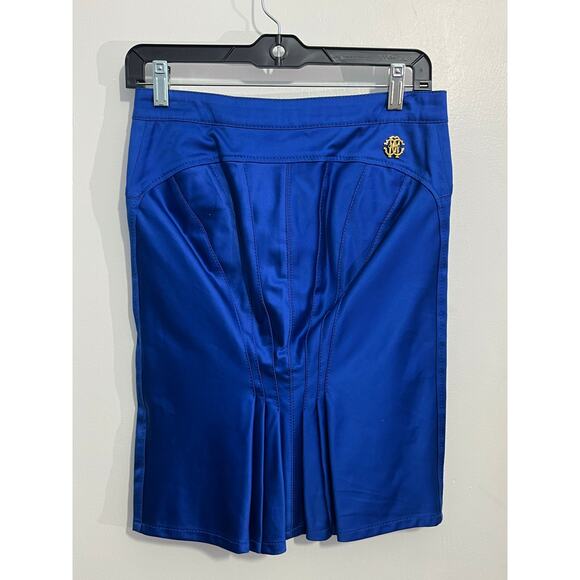 Roberto Cavalli Skirt Size 38 US Size 2 Royal Blue Pleated Gold Logo Preppy - Picture 6 of 10